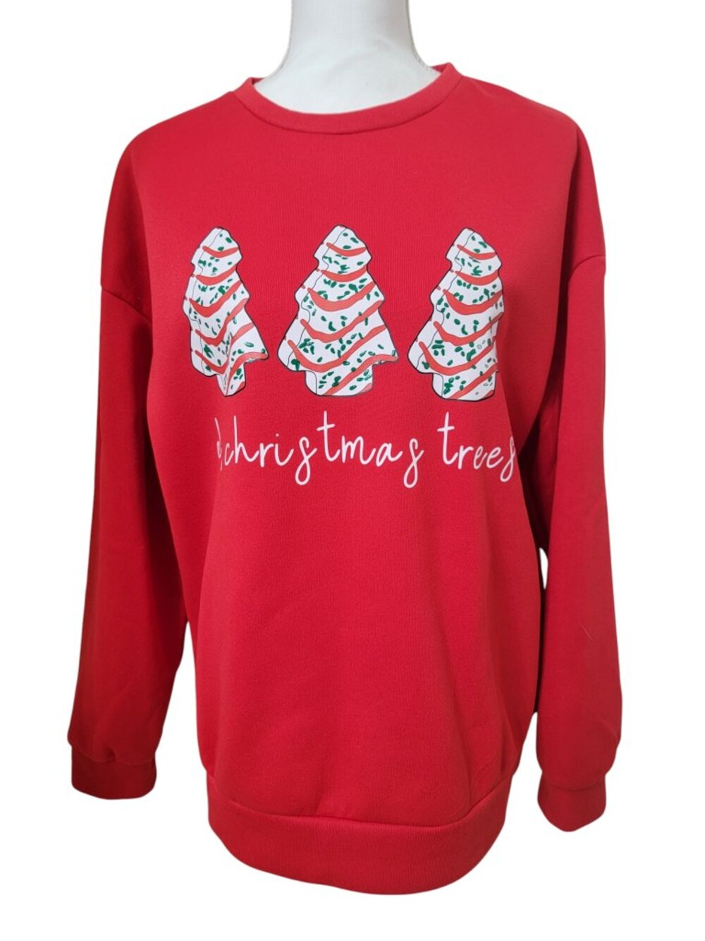 SHEIN Size XL Red Sweatshirt with Christmas Tree Snack Cakes, Oh Christmas Trees